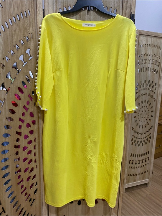 Hrmsiukb Dresses & Skirts - Yellow Midi Dress with Pearl-Trim Sleeves